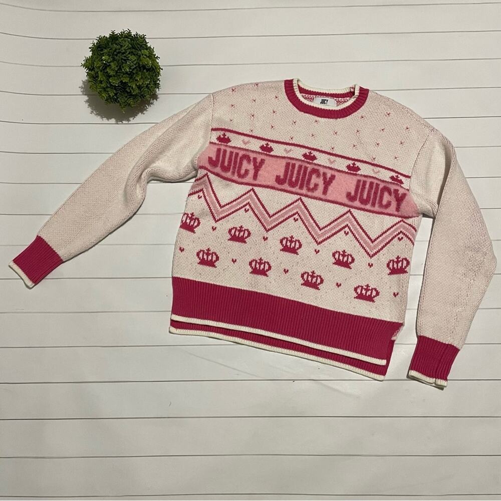 Juicy Couture Pink White Knit Crew Neck Sweater Women’s Size Small